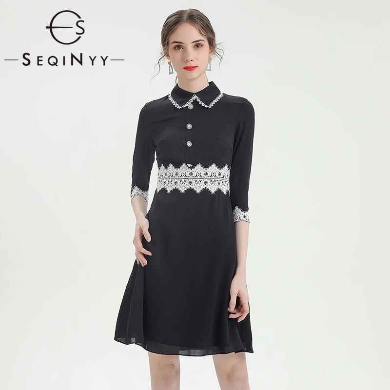 

SEQINYY Slim Dress 2020 Summer Spring New Fashion Design Women High Quality White Lace Buttons Mini Black Dress