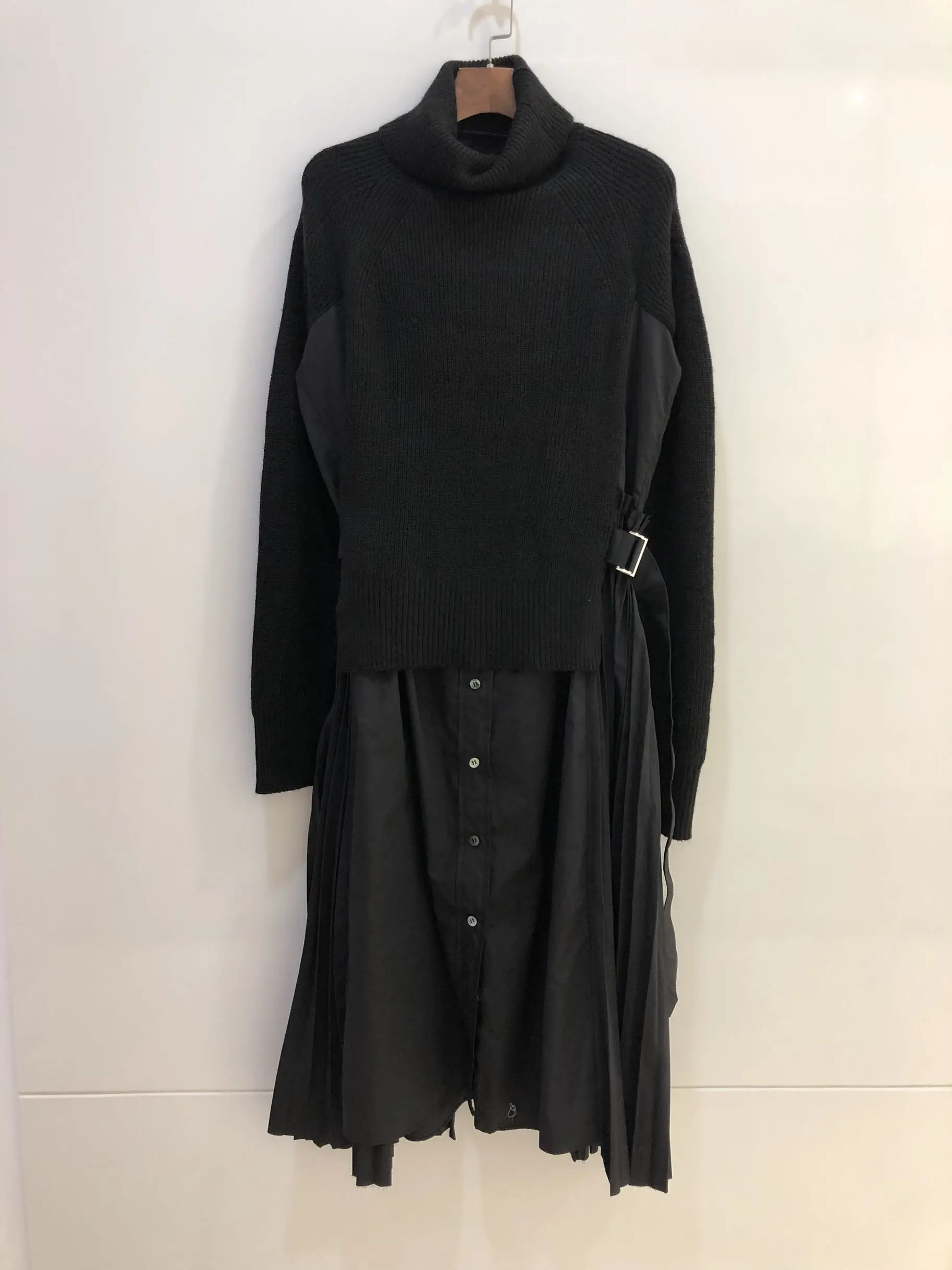 2019FW высококачественное женское Шерстяное вязаное лоскутное гофрированное Платье женское повседневное водолазка с длинными рукавами 3 цвета пачка