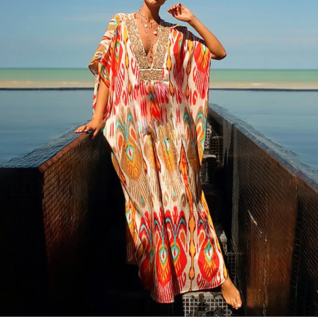 Summer Beach Cover ups 2020 New Women's Bohemian Beach Style Print Dress Robe Cardigan Swimsuit