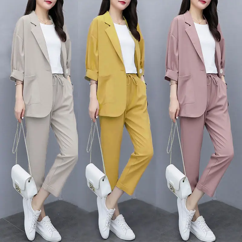 

M-4XL 2 Piece Women Causal Blazer Suit Solid Blazer Jacket Pants Outfit Plus Size