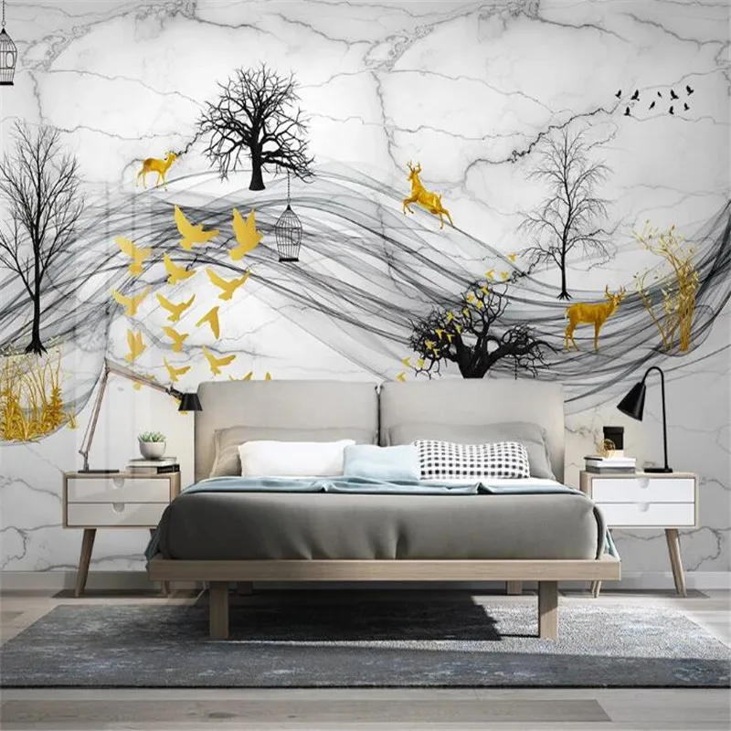 Large 3D Wallpaper Mural Custom Nordic Forest Elk Abstract Smoke Flying Bird TV Sofa Background Wallpaper Mural