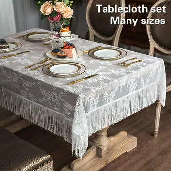 

British Style Simple Lace Jacquard Tassel White Tablecloth Set Home Villa Hotel Bedroom Balcony Small Round Table Cover Cloth