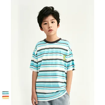

Ouyang & Ivan 2020 Summer New Children's Blue Striped Dinosaur Print Boy and Girl Short-sleeved Casual T-shirt Kid Cotton Top