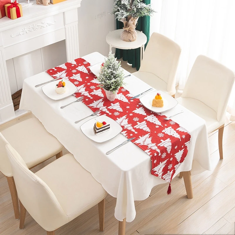 

Christmas Knitted Table Runner with Tassels Cartoon Snowflake Tablecloth Decor R9JC