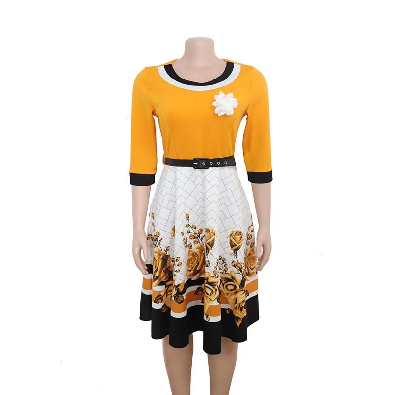 Африканская одежда высокого качества ТРАПЕЦИЕВИДНОЕ ПЛАТЬЕ женское элегантное платье с цветочным принтом в стиле пэчворк с круглым