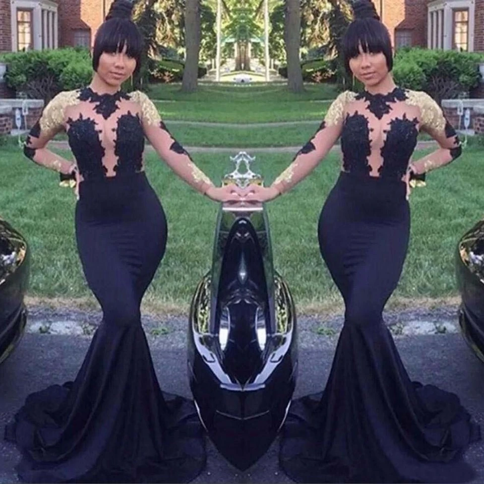 

New Black Mermaid Evening Dresses Prom Party Gown Trumpet Formal Gown Elastic Satin Applique Custom High Neck Long Sleeve