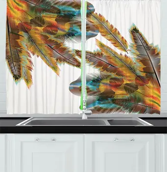 

Tribal Kitchen Window Curtains Feathers Bohemian Lifestyle Featured Primitive Hippie Image Window for Kitchen Cafe Decor 55in