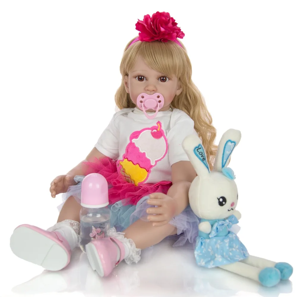 

Fashion Reborn Baby Doll 60 CM Cartoon bebe Reborn Boneca soft Silicone Vinyl wear dress Doll With Long hair Realistic Toys