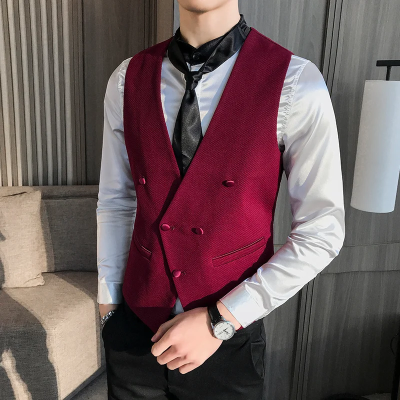 

Vest Men Deri Yelek Fashion Spring Plus Size Waistcoat Double-breasted Suit Vest Men Sleeveless Slim Fit Vest Chaleco Hombre