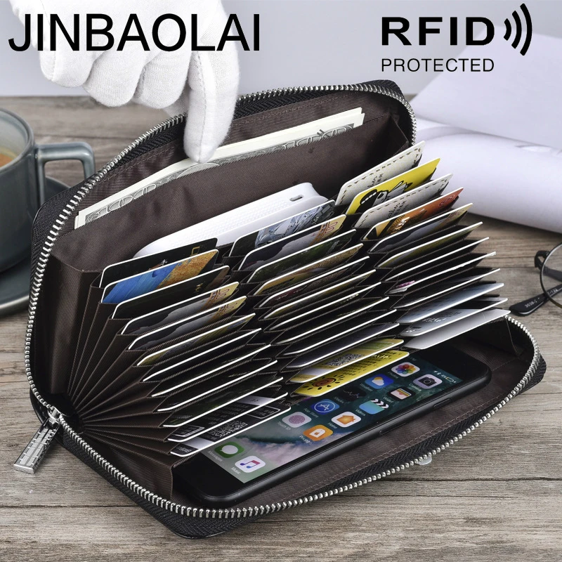 

JINBAOLAI Large Capacity Long Credit Card Bag RFID Multifunctional Male and Female Multi-card Organ Real Pickup Bag