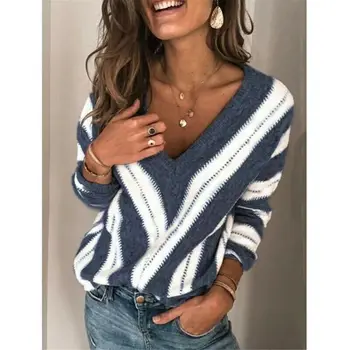 

Women's Spring Knit Sweater V-Neck Striped Casual Loose Jumper Pullover Tops Long Sleeve Jumper Pullover Sweater
