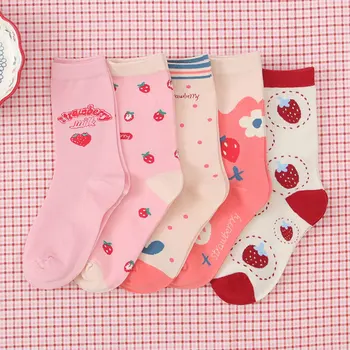 

2020 Cute Pink Series Breathable Soft Socks Cotton Printed Strawberry Casual Harajuku Fashion Socks Suit for EU 35-40