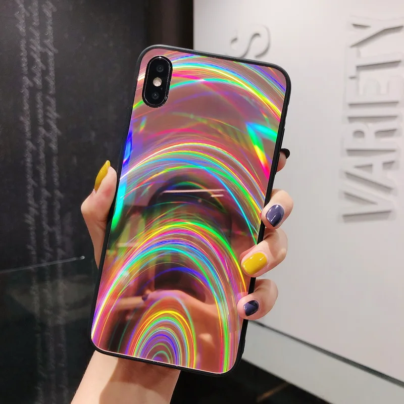 Блестящий волнистый глянцевый Жесткий акриловый чехол для iPhone XR XS X XS Max разноцветный голографический Радужный чехол для iPhone 8 7 6 6s Plus Coque