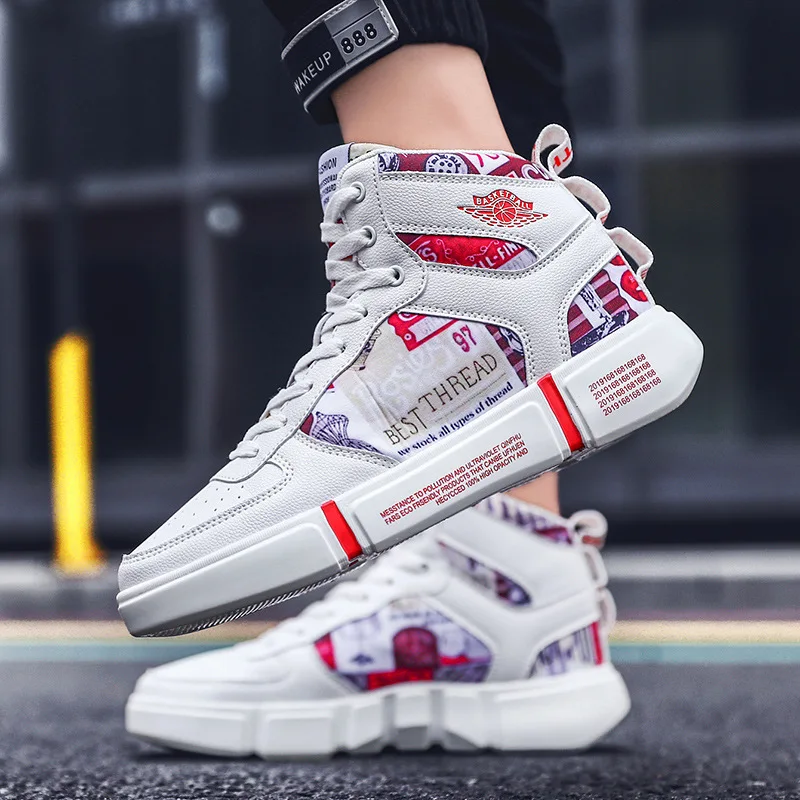 

2019 Fashion Spring Autumn Men High to Help Basketball Shoes Comfortable Flat Leather Sneakers High Quality Non-slip Male Boots