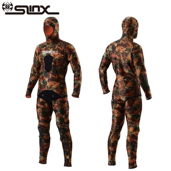 

SLINX 5MM Neoprene Men Camouflage Wetsuit Swimwear with Headgear Two-piece Camo Scuba Diving Suit for Fishermen Spearfishing