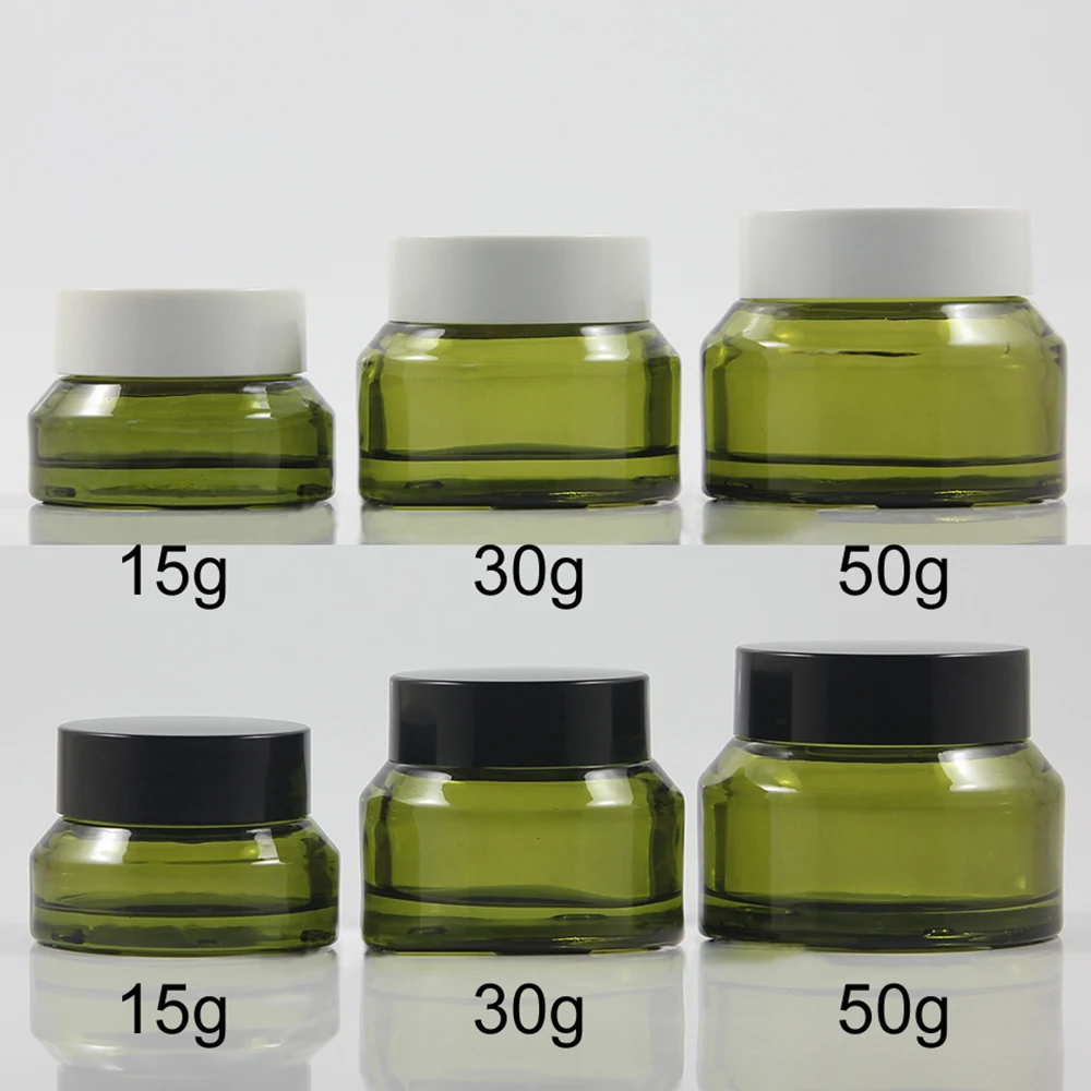 

15g 30g 50g Olive Color Glass Container with Black lids, 60ml Dropper Bottle, 150ML PET Bottle with Lotion Pump