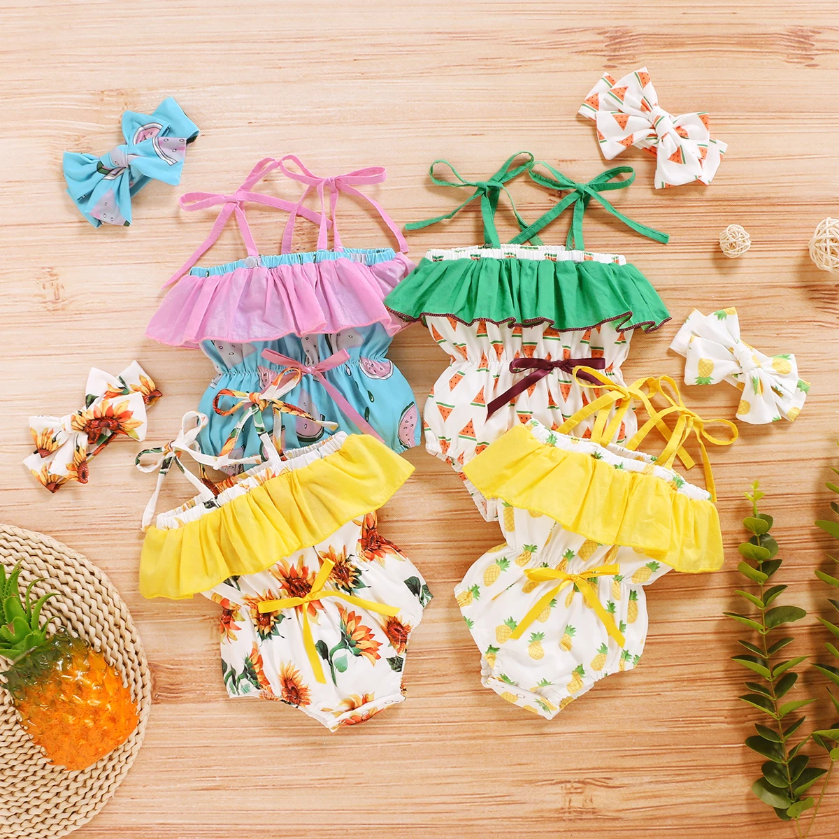 

Fashion Newborn Baby Girl Cloth Printed Jumpsuits Summer Bow Off-shoulder Romper and Headband Outfit 0-18M