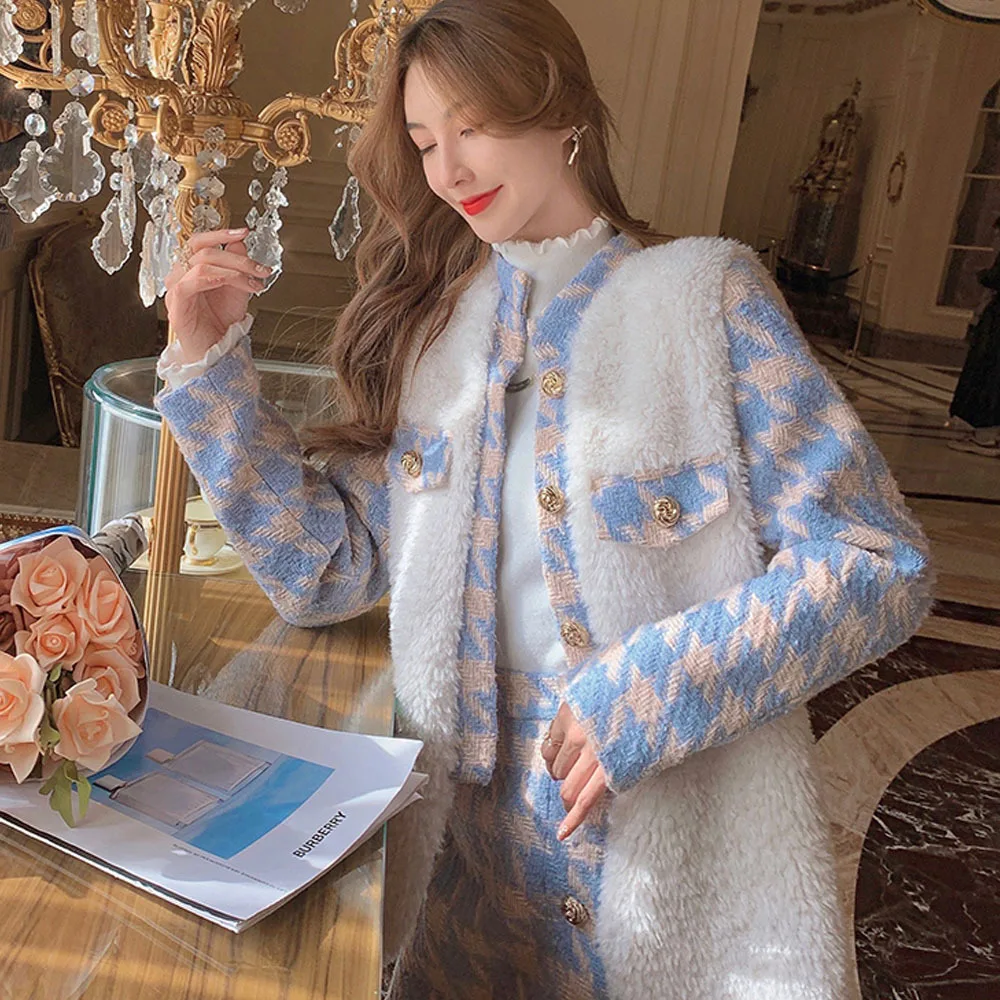 

2023 Spring Autumn Korean Elegant Gentle Blue Tweed Jacket High Waist Bag Hip Skirt Small Fragrant Wind Winter Temperament Suit