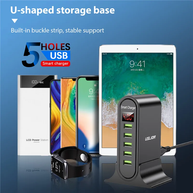 USLION 5 Port Charger HUB Multi USB Charging Station Dock Desktop Wall Home LED Display Universal New Chargers EU US_voghion.com