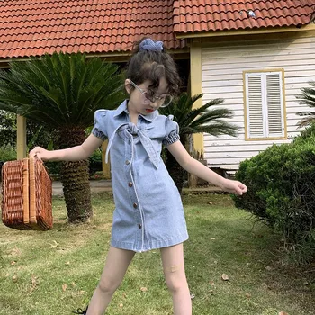

girl's denim dress Hong Kong flavor women's group bubble sleeve high waist slim fit holiday short sleeve children