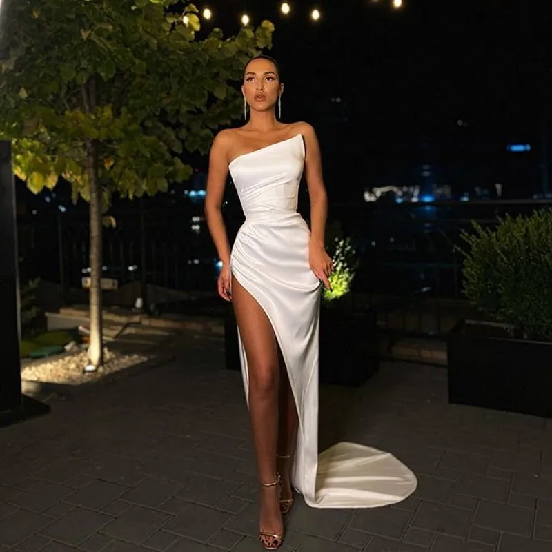 orange prom dresses 2021 Sexy White Prom Dresses with High Split Satin Evening Gowns for Wedding Party Formal Dress gold prom dress
