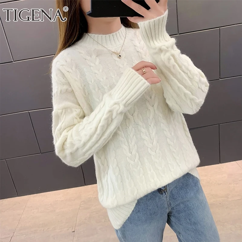 TIGENA Autumn Winter Oversize Pullover Sweater Women 2020 Korean Loose Knitted Jumper Female Green Blue White Knitwear Clothes | Женская