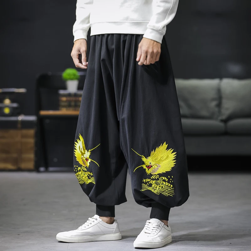 Chinese Style Wide Leg Pants Black Embroidery Black Trousers