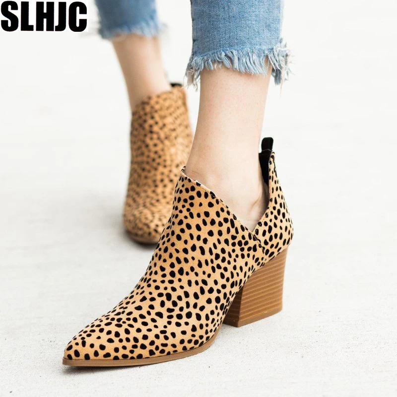 

SLHJC 2019 Autumn Leather Boots Retro Stylish leopard Boot High Heel Pointed Toe Side v Slit Plus Size Pumps Shoes