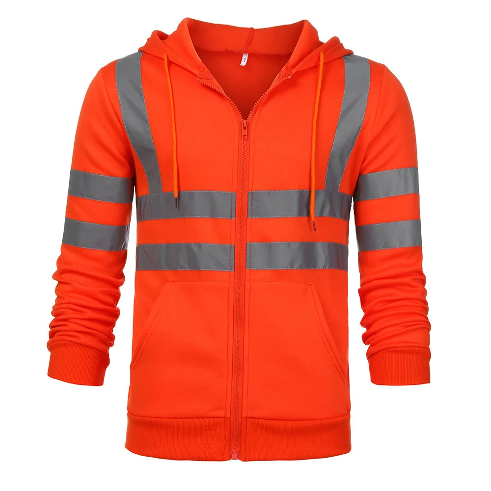 Men's Hi Vis Orange Fleece jacket Hoodied Sweatshirt Pullover With