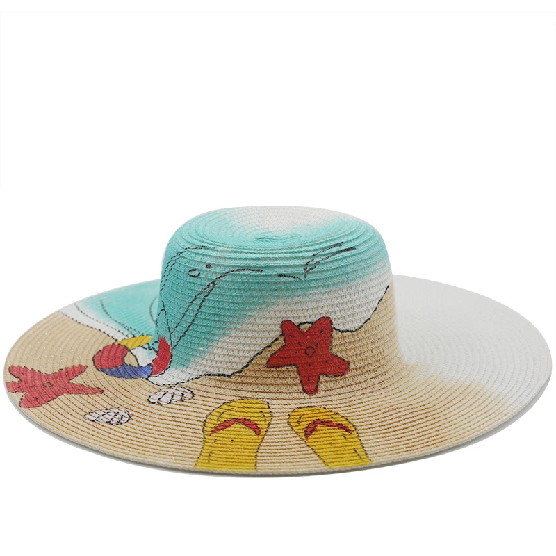 Summer Female Sun Hats Visor Hat Big Brim Classic Painted Folding Straw Hat Casual Outdoor Beach Cap For Women UV Protection Hat 18