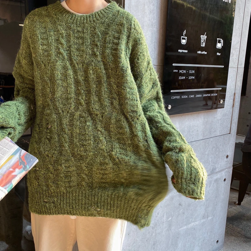 Женский Однотонный свитер с круглым вырезом и длинными рукавами, студенческий осенний зимний корейский Ретро вязаный свитер с дырками ML142 - Цвет: green