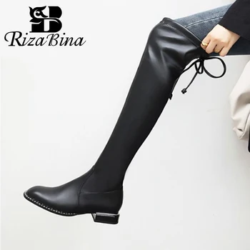 

RIZABINA Size 32-43 Women Over The Knee Boots Low Heel Lace Up Leopard Flock Long Silm Boots Fashion Shes Footwear Party