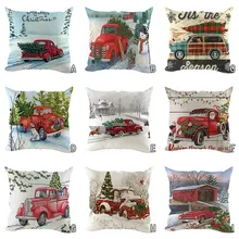 Christmas Red Truck 45x45cm Cushion Cover Christmas Tree Decoration Family Living Room Chair New Year Linen Print Pillow Cases