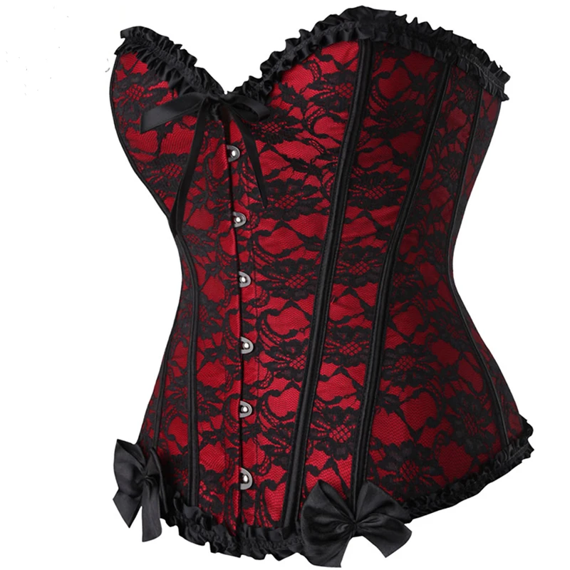 

Red sexy Women Mesh Grid Lingerie Basque Corselet Bustier Floral Lace Overlay Corset Overbust Plus S-6XLSize clothing steampunk