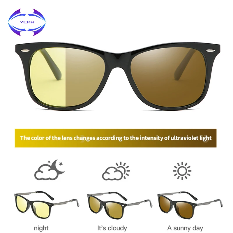 

VCKA Night vision Discoloration Men's Square Polarized Sunglasses Driving Sun glasses Male UV400 Goggle Eyewear oculos de sol
