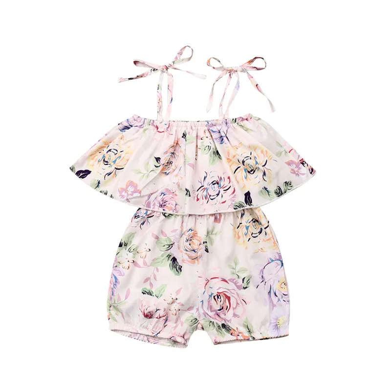 

Infant Baby Girl Floral Rompers Summer Beach Clothes Sleeveless Strap Lace-up Jumpsuit Ruffles Flowers Playsuits 0-24M