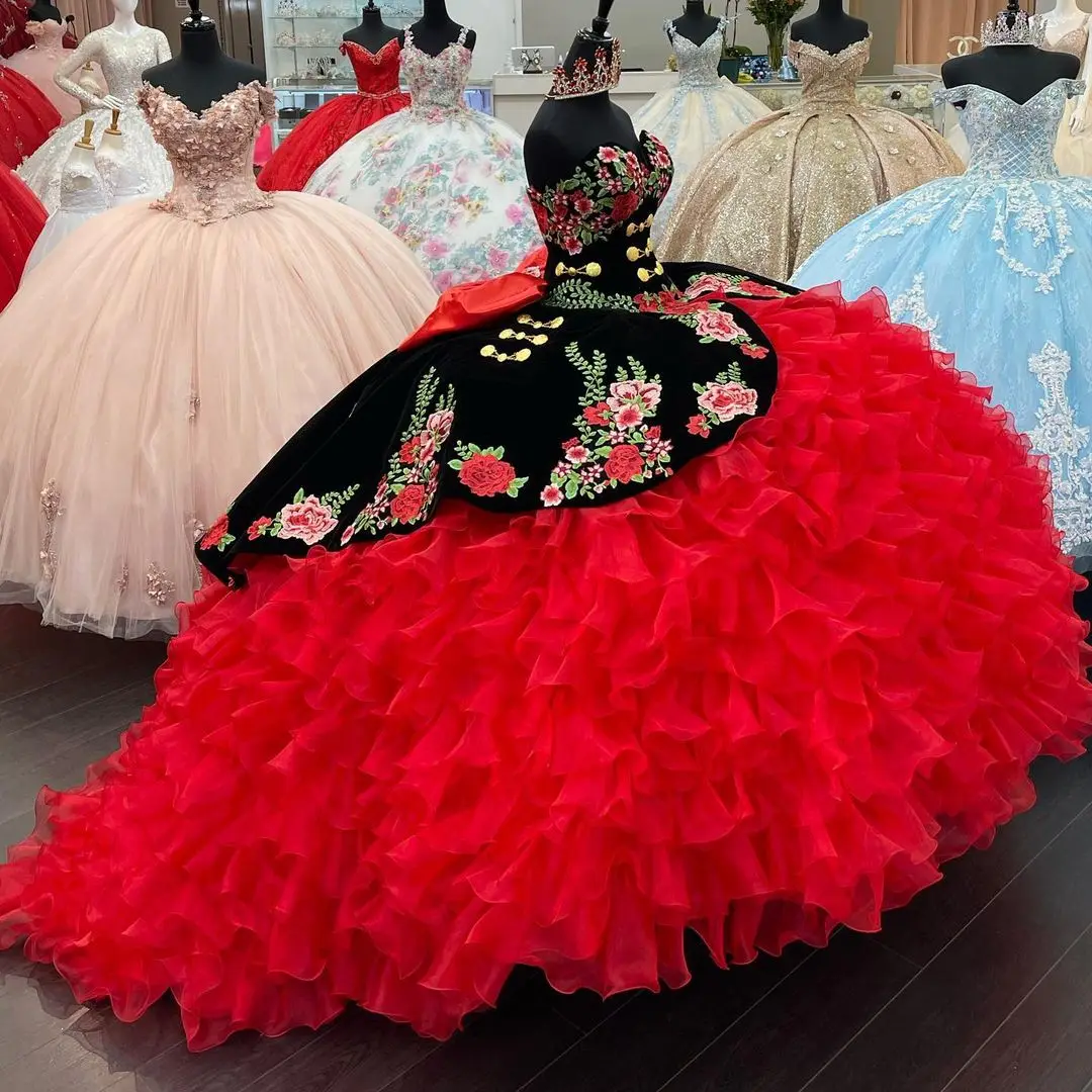 Vestidos florales rojos/negros de 15 años, quinceañera hinchada, dulce  vestido de 16 con lazo, vestidos largos de graduación con cordones y escote  Corazón, 2021|Vestidos de quinceañera| - AliExpress