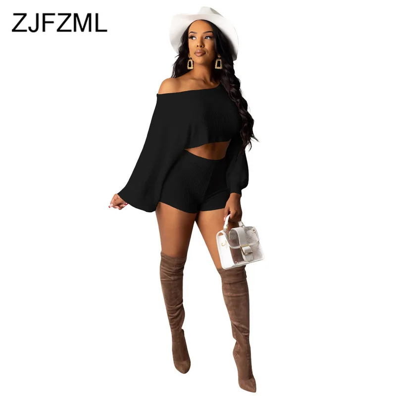 

Causal Solid Plus Size Two Piece Track Suit Women Sloping Shoulder Lantern Sleeve Loose Crop Top and Biker Shorts Fall Outfits