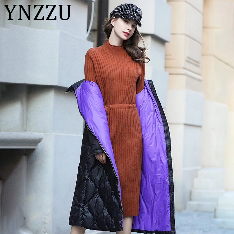 

YNZZU Korean Style Hit Color 2019 Winter Women's Down Jacket Long White Goose Down Coat Stand Collar Warm Female Jacket A1219