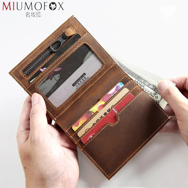 Brand Designer Genuine Leather Men Wallets Vintage Crazy Horse Cowhide Male Short Slim Walet Card Holder Purse with Coin Pocket