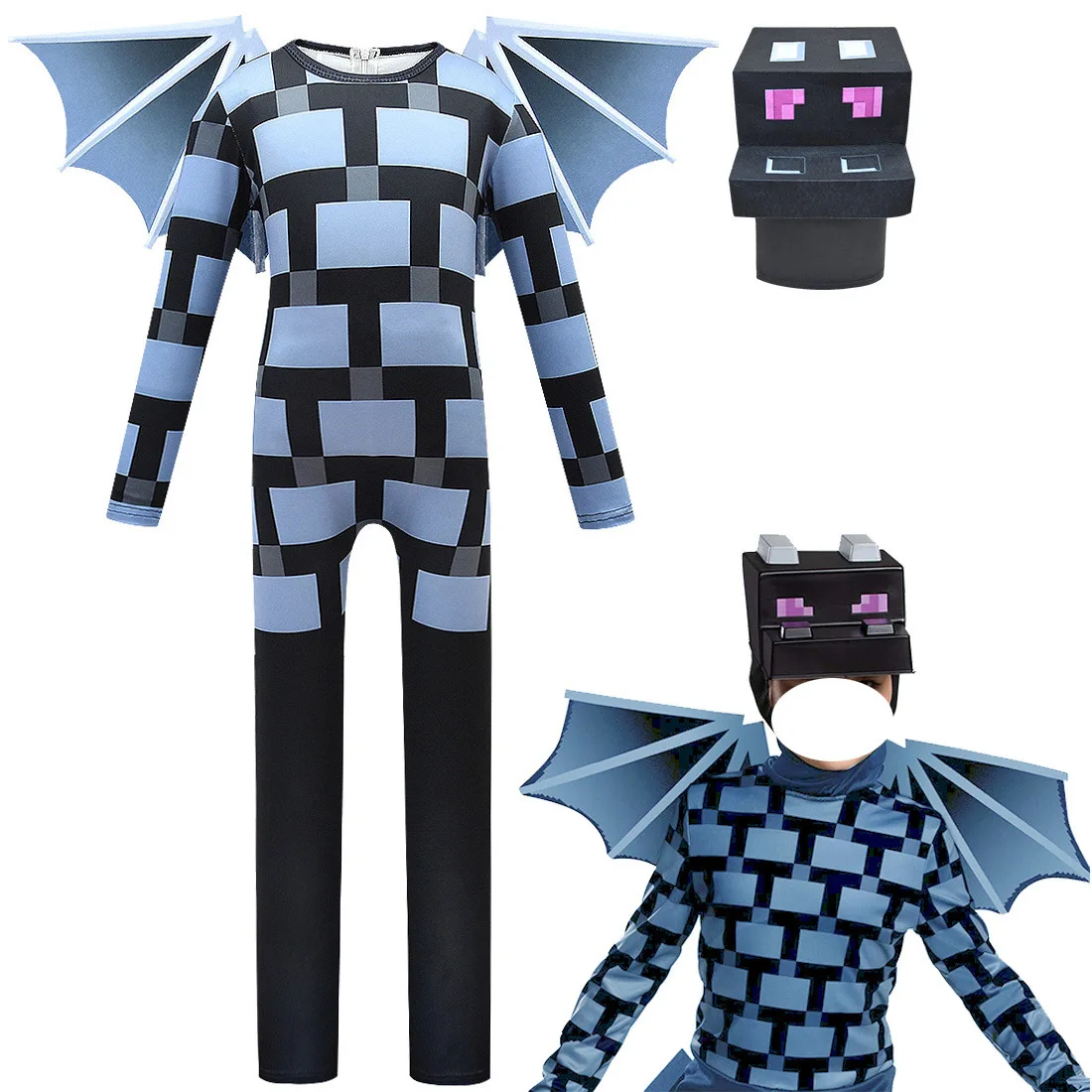 Hot Deal Child Mine Diamond Armor Kids Game Character Halloween Cosplay Costume Boys Crafted Jumpsuit Wing Mask Set Fancy Birthday Gift