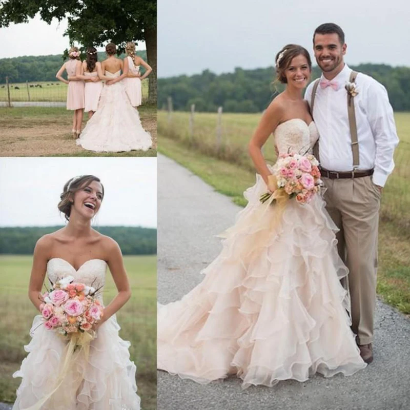 

Modest Design Blush Pink Country Wedding Dresses With Ruffles Skirt Sweetheart Lace Organza Vintage Plus Size Bridal Gowns
