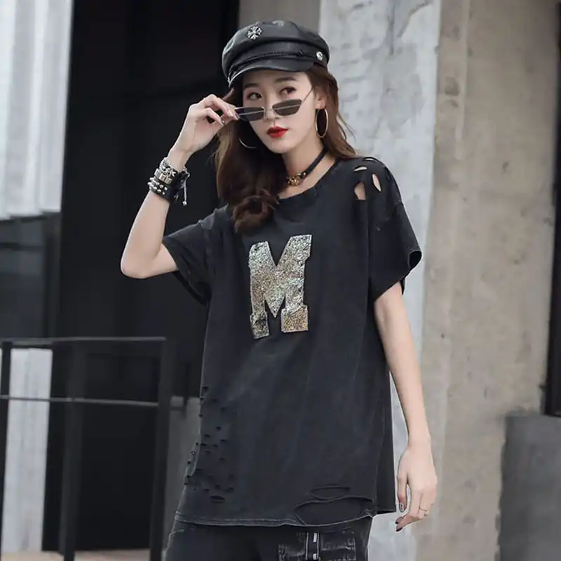 パンクロックスタイル夏の新ファッションルース女性は穴tシャツ女性小さな中空アウトスパンコール半袖tシャツシャツ T Shirts Aliexpress