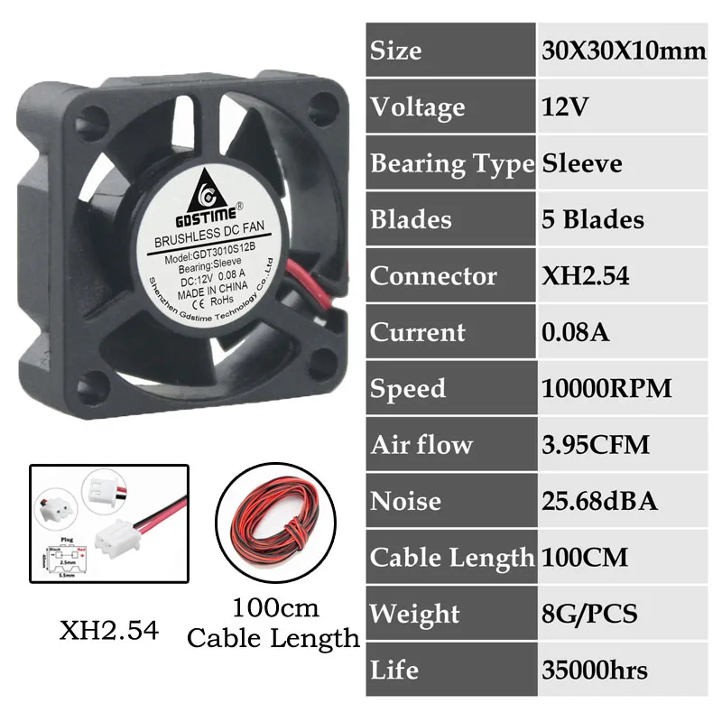 5 шт. Gdstime DC 24 в 12 В 5 в 3 см 30x30x10 мм 2Pin шарикоподшипник портативный вентилятор охлаждения Dupont 2,54 2,0 30 мм x 10 мм охладитель 3010 - Цвет лезвия: 0.08A3010S12V2P1m