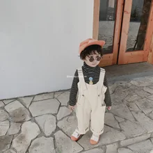 Милые комбинезоны в Корейском стиле для мальчиков и девочек с большими карманами и завязками на талии г., детские свободные бретели 3 цветов, брюки