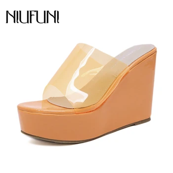 

Wedge Transparent Peep Toe Fluorescent Women's Slippers Sandals Fashion Platform Slides 11cm High Heels NIUFUNI Shoes For Women