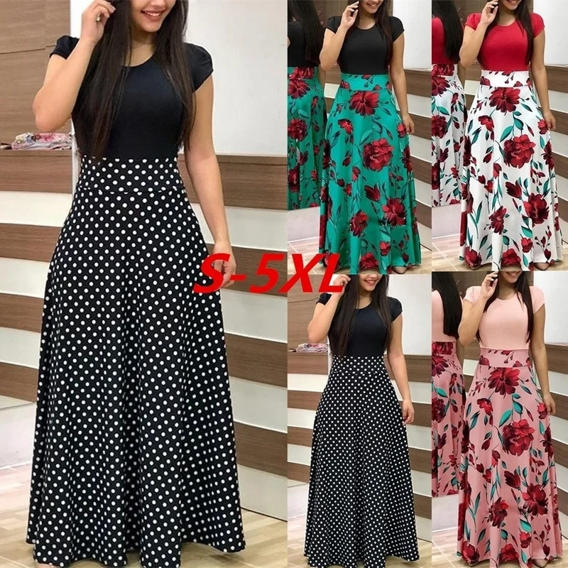 

Women's European and American Print Color Matching Dress Female High Waist Round Neck Stitching Retro Loose Dresses