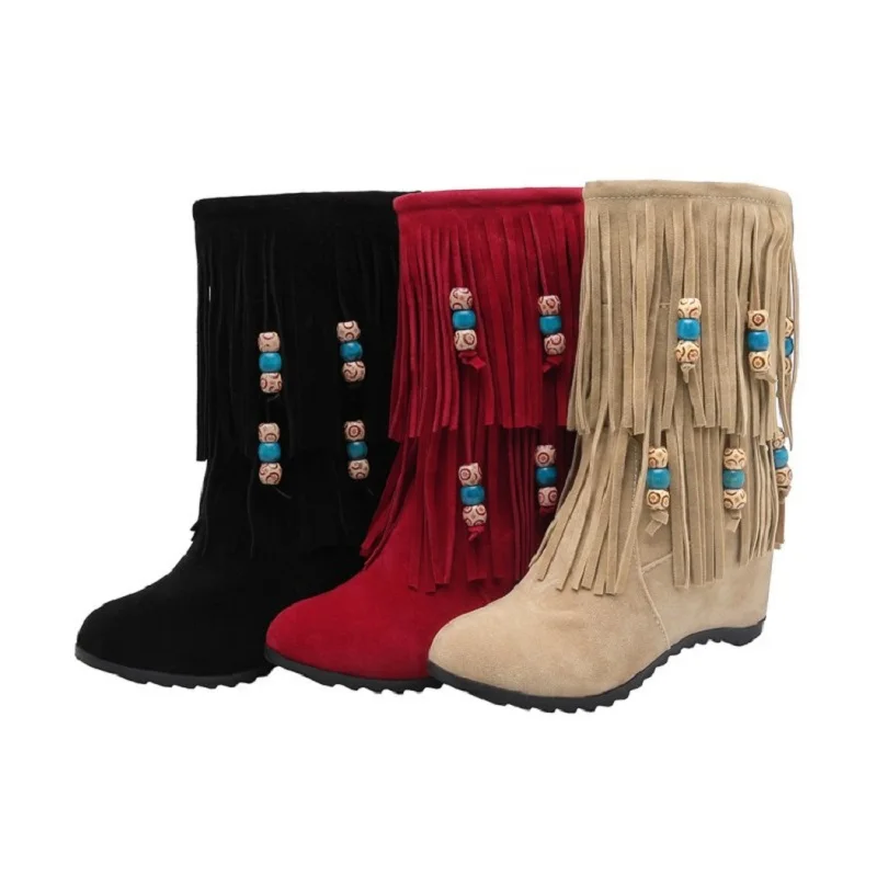 Осенне-зимние женские ботинки пикантная бахрома на высоком каблуке; женская обувь на танкетке; Винтажные ботинки до середины икры на платформе; большие размеры; botines mujer