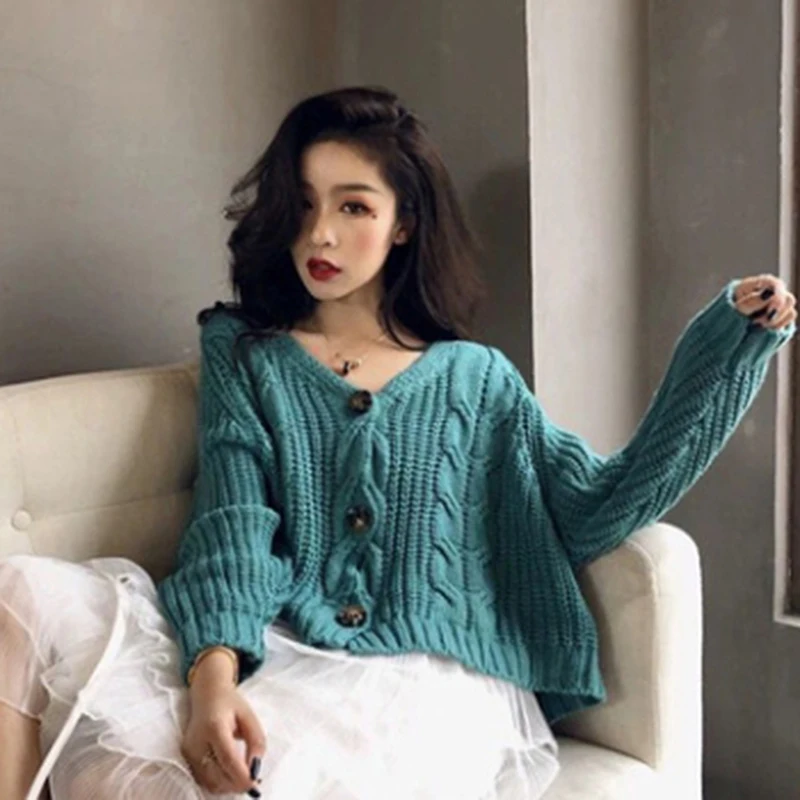 Autumn Winter Loose Cardigans Sweater Vintage Twist Single-breasted Short Casual Women Batwing Sleeve Knit Coat Outwear |
