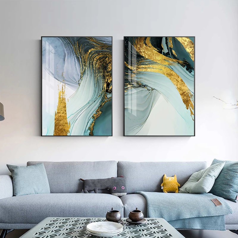 Modern Abstract Blue Green Gold Foil Canvas Painting Purple Decor Fashion Wall Art Picture for Living Room Modern Poster Print